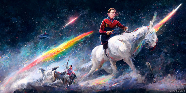 Wesley Crusher riding a unicorn into battle